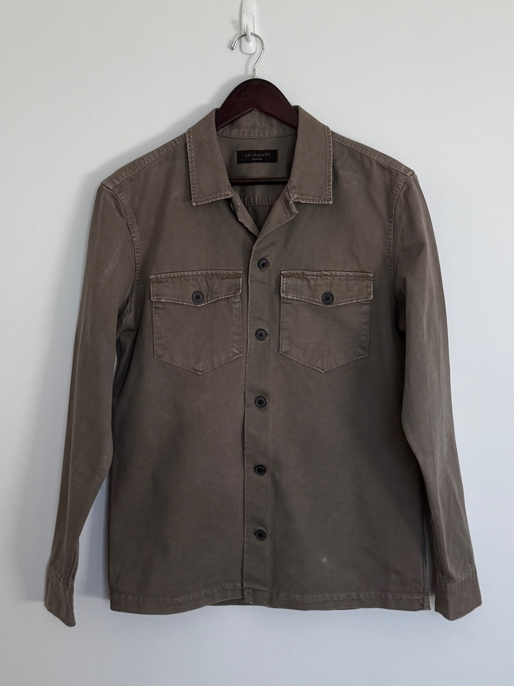 AllSaints Distressed Taupe Collared Button Jacket